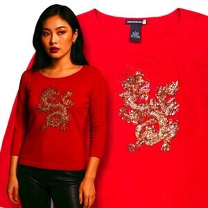 Y2K Sweaterworks Sequin Beaded Dragon Red Knit Top Size Large Sequin Stretch